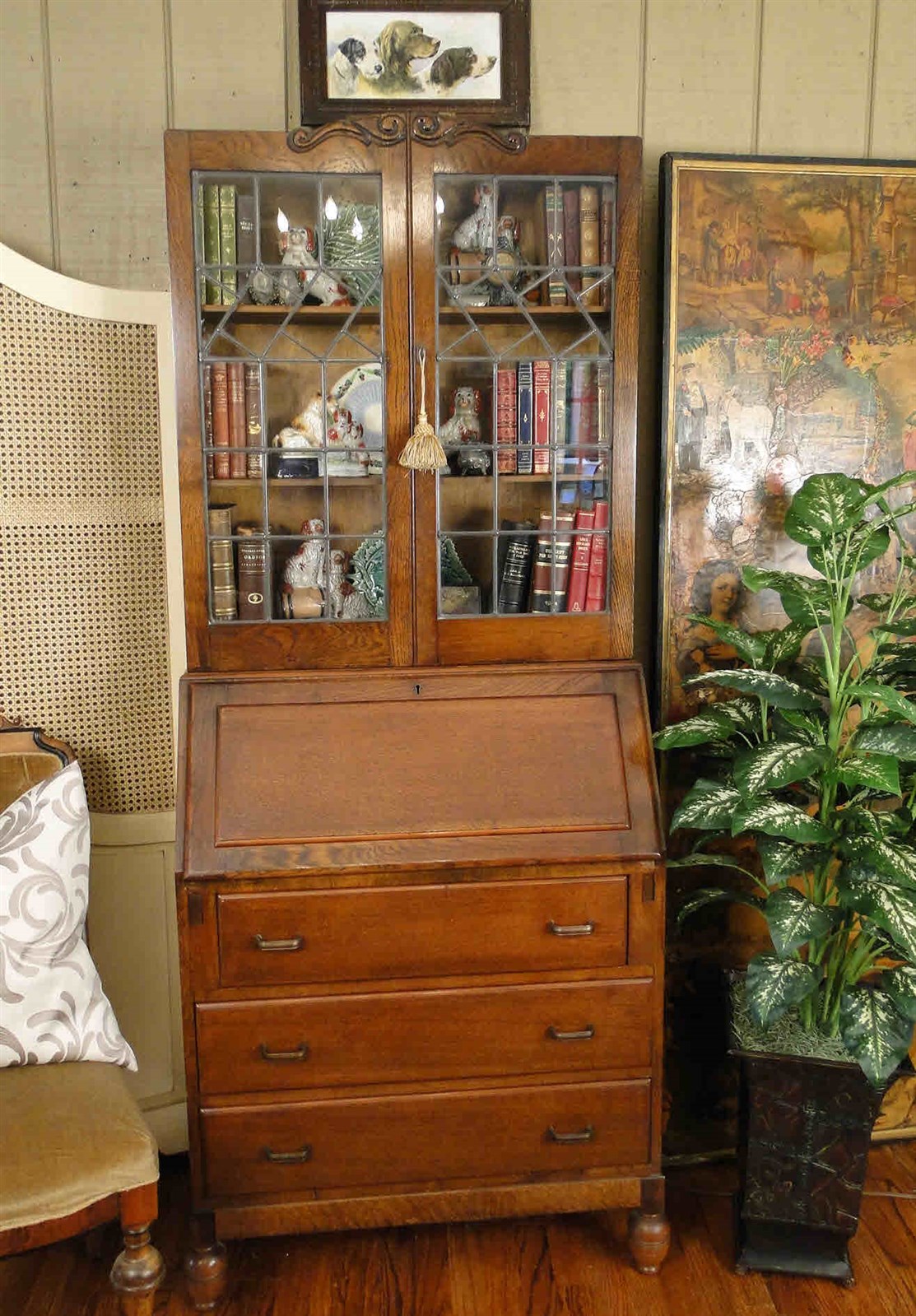 Antique SECRETARY DESK CHEST Tiger Oak Leaded Glass Oak Lock Key